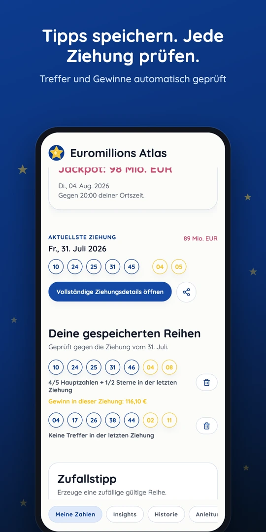 Bildschirm Meine Zahlen mit Countdown zur nächsten Ziehung, Jackpot und gespeicherten Tipps