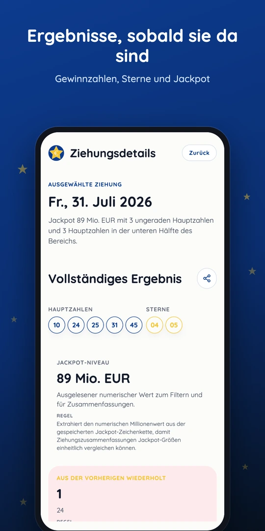 Letzte Ziehung mit Gewinnzahlen, Sternen und Jackpot