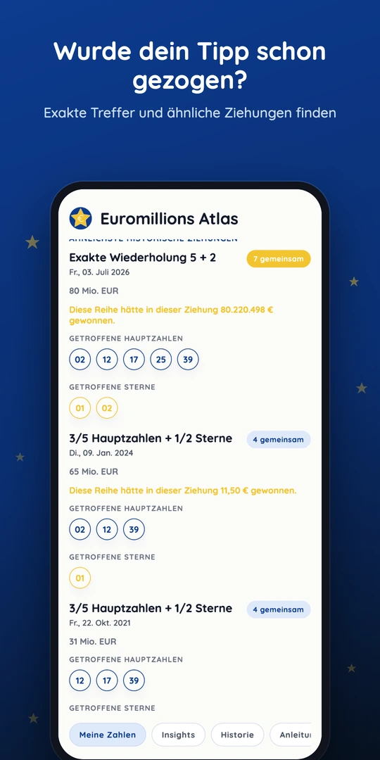 Tipp-Checker mit einem exakten historischen Treffer und Gewinn