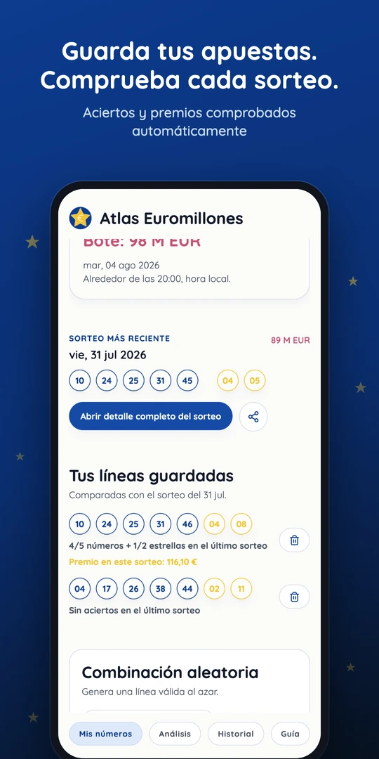 Pantalla Mis números con cuenta atrás del próximo sorteo, bote y apuestas guardadas