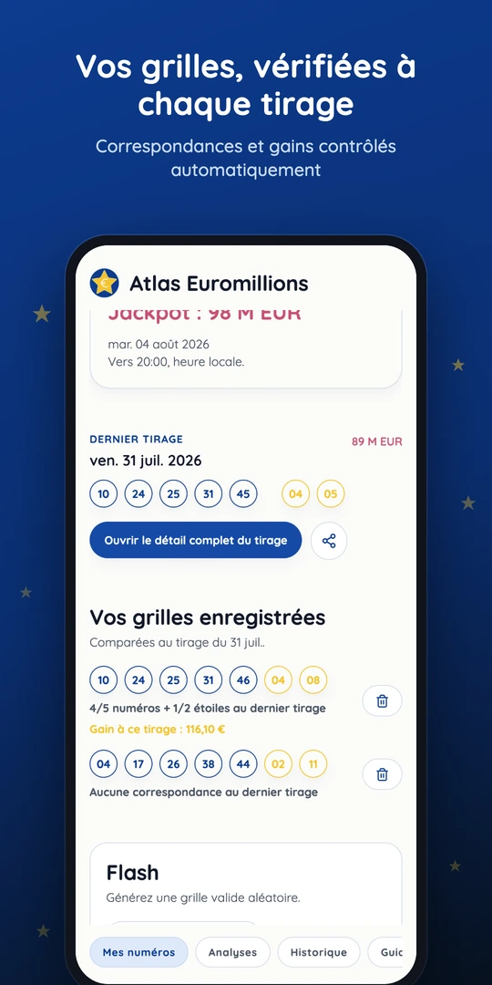 Écran Mes numéros avec compte à rebours du prochain tirage, jackpot et grilles enregistrées