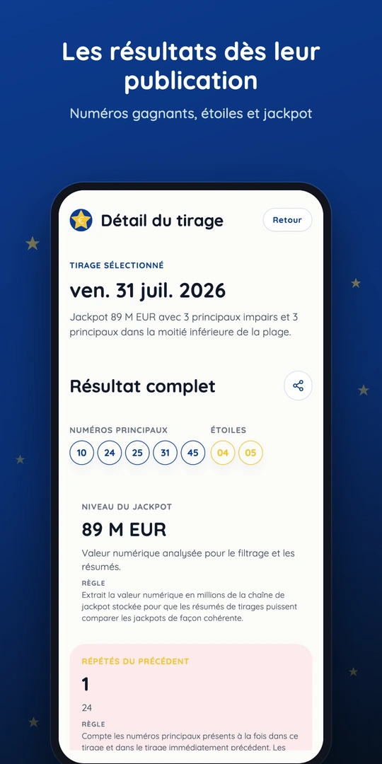 Écran du dernier tirage avec numéros gagnants, étoiles et jackpot
