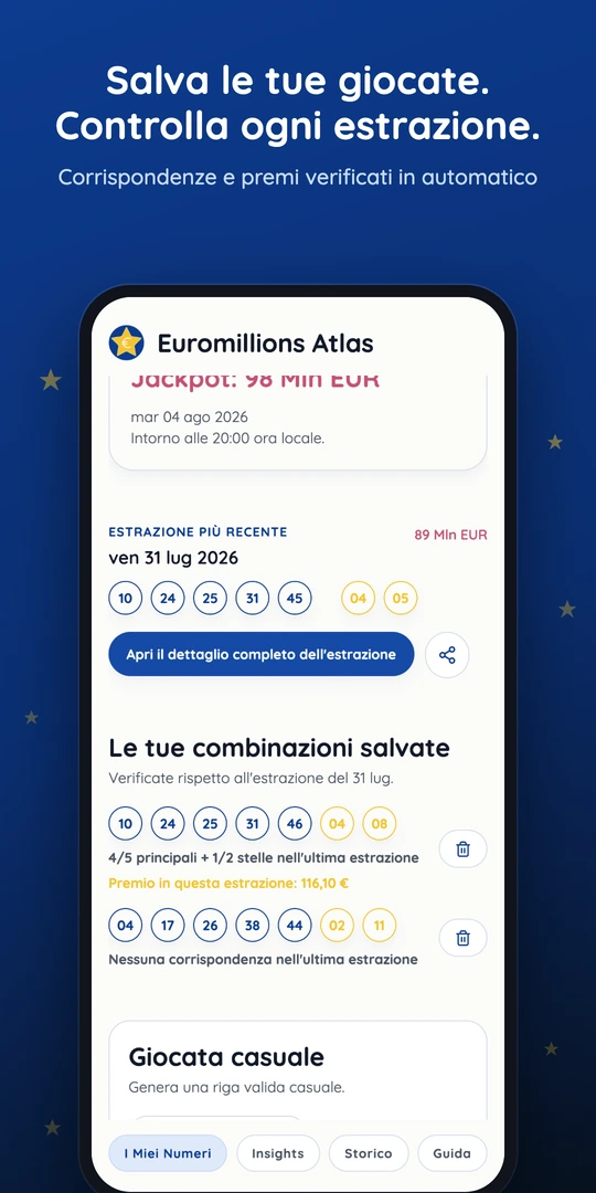 Schermata I miei numeri con conto alla rovescia, jackpot e giocate salvate