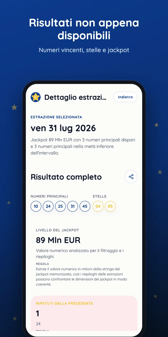 Ultima estrazione con numeri vincenti, stelle e jackpot