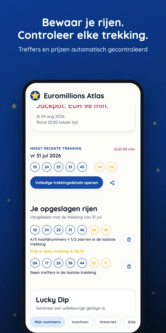 Scherm Mijn nummers met het aftellen naar de volgende trekking, de jackpot en bewaarde combinaties