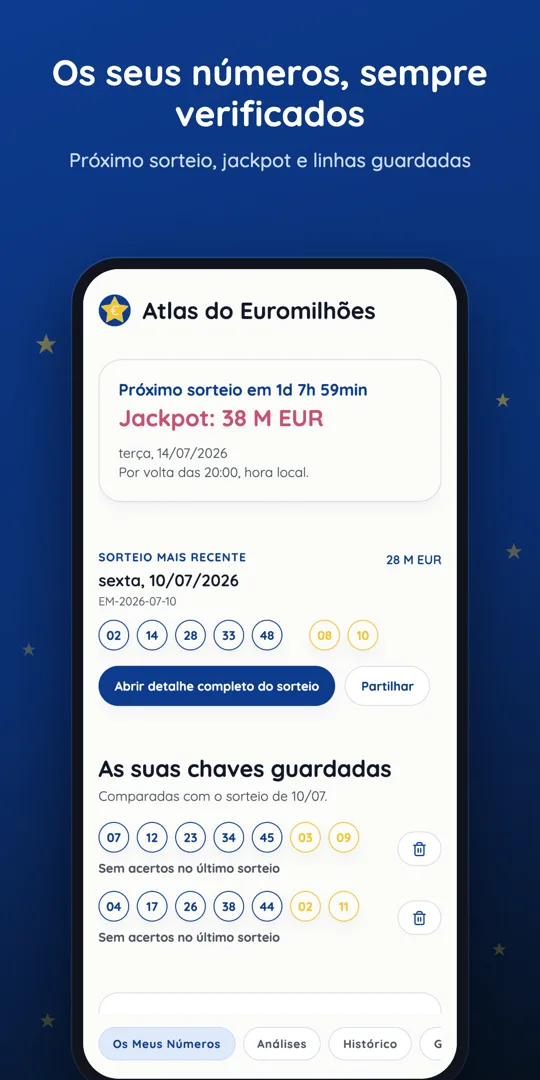 Ecrã Os Meus Números com contagem para o próximo sorteio, jackpot e apostas guardadas